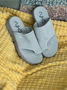 Ryka Light Gray Slip-On Sandals with Stud Accents